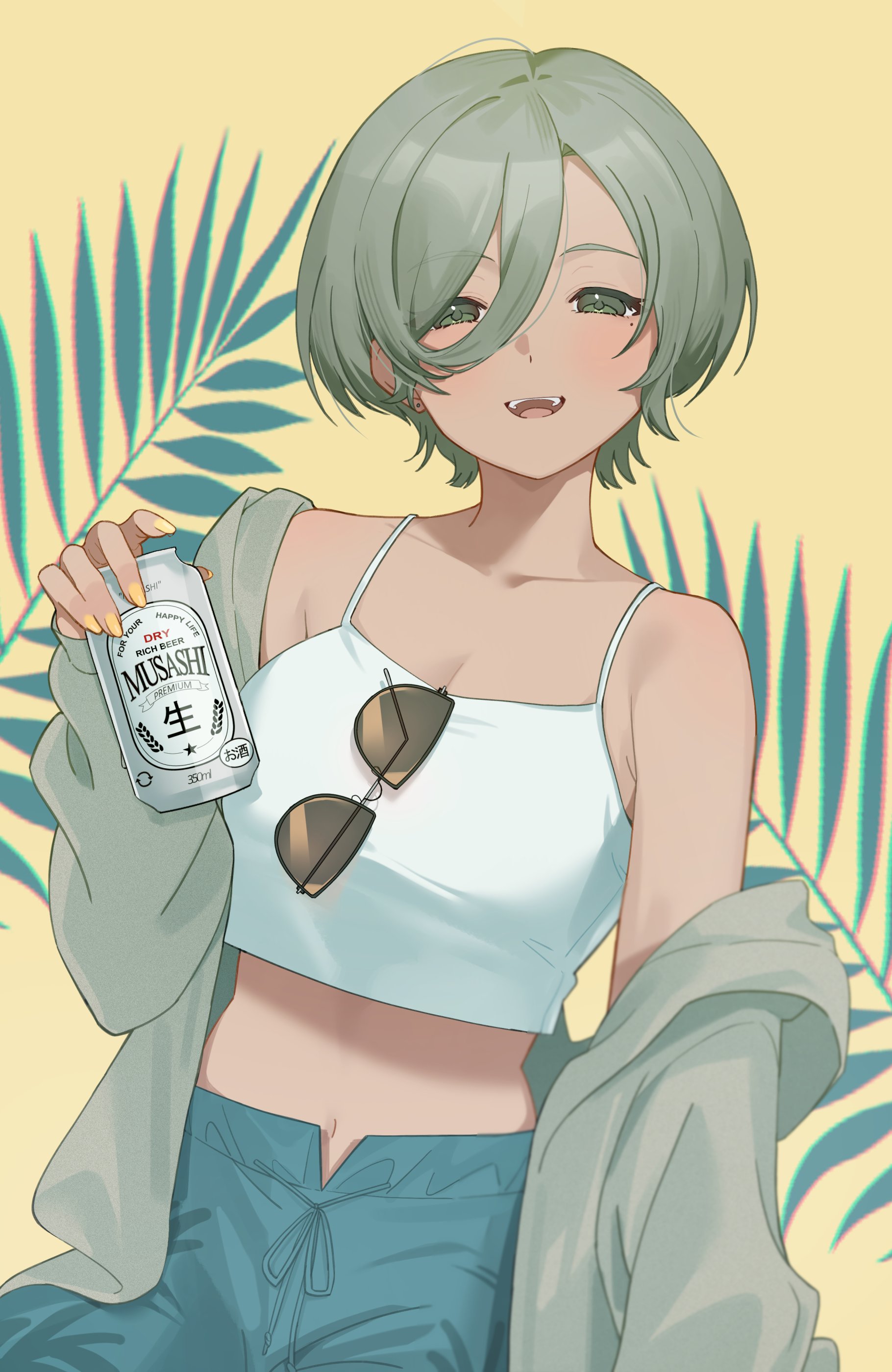 kuji (orca9ji), rupa (girls band cry), asahi breweries, girls band cry, absurdres, commentary, highres, symbol-only commentary, 1girl, beer can, blue pants, brand name imitation, breasts, brown eyes, camisole, can, cleavage, crop top, drink can, hair between eyes, holding, holding can, long hair between eyes, mole, mole under eye, nail polish, open mouth, pants, short hair, simple background, solo, spaghetti strap, sunglasses, teeth, unworn eyewear, upper teeth only, white camisole, yellow background, yellow nails
