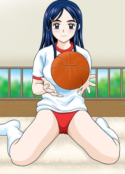 taishita, yukishiro honoka, futari wa precure, precure, 00s, 1girl, ball, basketball, blue eyes, blue hair, blush, breasts, buruma, gym, gym uniform, hair ornament, hairclip, kneehighs, long hair, looking at viewer, red buruma, shirt, short sleeves, sitting, small breasts, smile, socks, wariza, white shirt, white socks, window