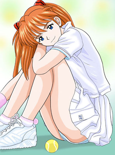 taishita, souryuu asuka langley, neon genesis evangelion, 1girl, ass, ball, bare legs, blue eyes, female focus, fetal position, looking at viewer, orange hair, panties, shiny skin, sitting, skirt, solo, sportswear, tennis ball, tennis uniform, two side up, underwear, white skirt