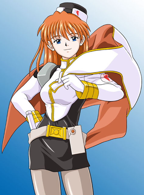 little cheat-ya, souryuu asuka langley, kidou senkan nadesico, neon genesis evangelion, 1girl, blue background, crossover, dress, female focus, gradient background, long hair, looking at viewer, orange hair, short dress, simple background, smile, solo