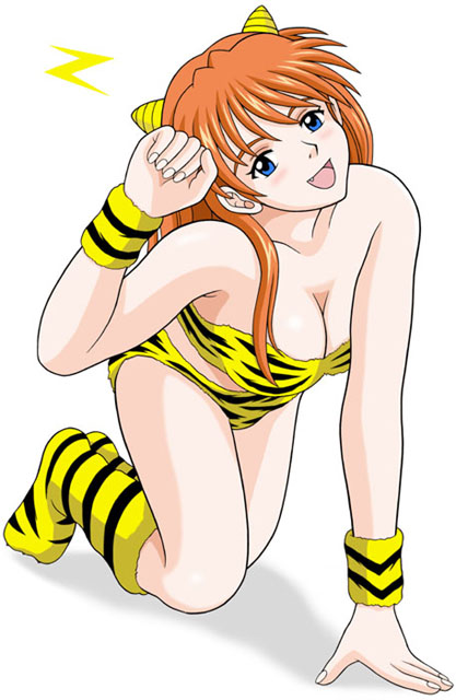 taishita, lum, souryuu asuka langley, neon genesis evangelion, urusei yatsura, tagme, 1girl, animal print, blue eyes, breasts, cone horns, cosplay, crossover, fang, female focus, horns, large breasts, long hair, lum (cosplay), oni, orange hair, solo, tiger print