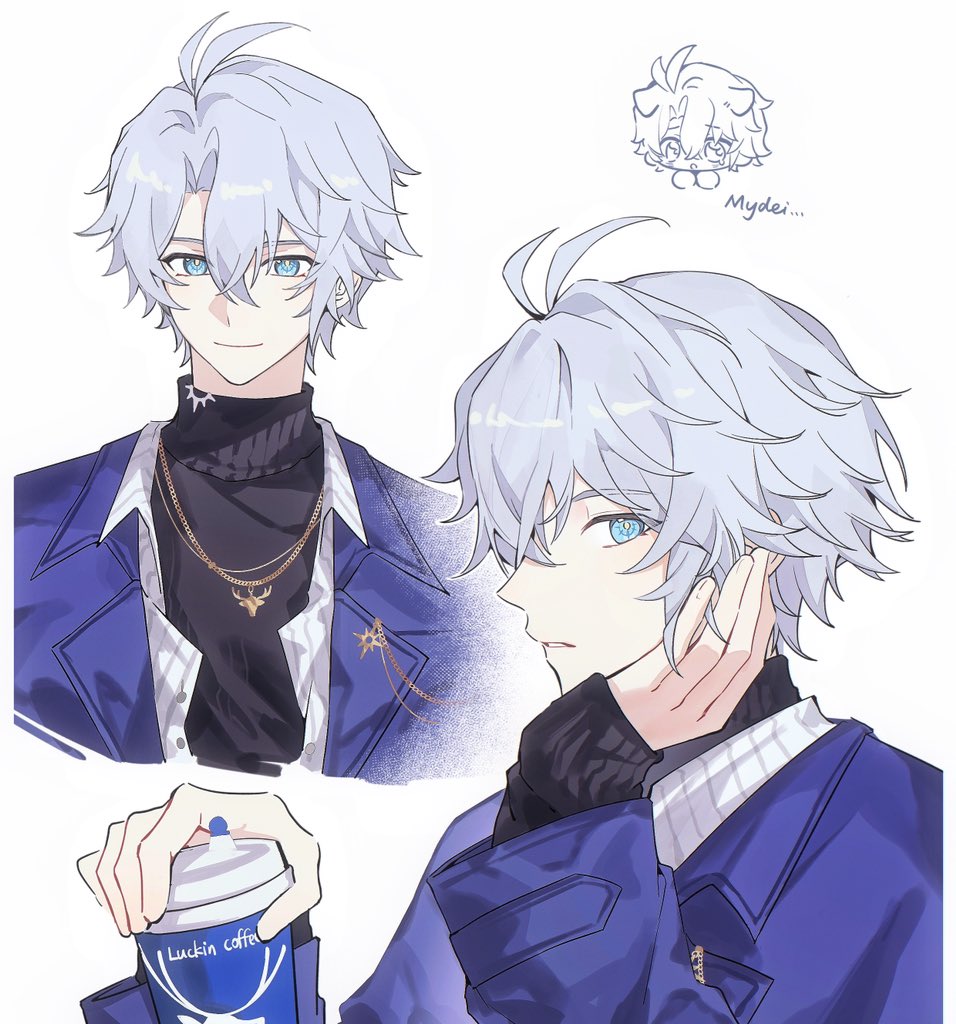 phainon (honkai: star rail), honkai: star rail, honkai (series), 1boy, antenna hair, black sweater, blue coat, blue eyes, chibi, closed mouth, coat, crossed bangs, cup, disposable cup, grey hair, hair between eyes, hand up, head rest, holding, holding cup, jewelry, jxunnnno, looking at viewer, male focus, multiple views, necklace, official alternate costume, open clothes, open coat, open shirt, parted bangs, parted lips, phainon (luckin coffee) (honkai: star rail), profile, shirt, short hair, simple background, smile, solo, sweater, teeth, turtleneck, turtleneck sweater, upper body, white background, white shirt, yellow pupils