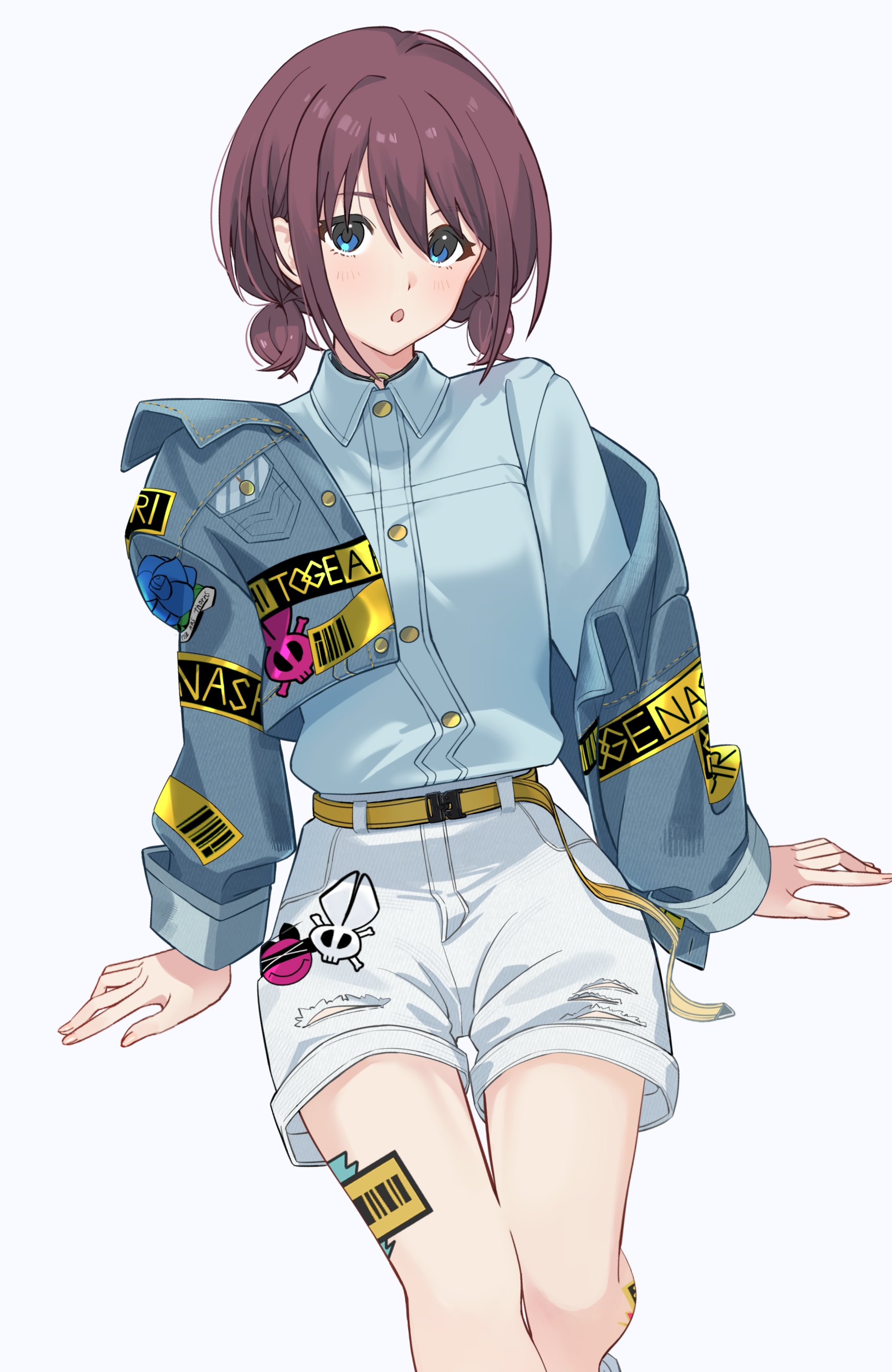 kuji (orca9ji), iseri nina, girls band cry, absurdres, commentary request, highres, revision, 1girl, black choker, blue eyes, blue jacket, blue shirt, blush, brown hair, choker, collared shirt, dress shirt, jacket, looking at viewer, low twintails, o-ring, o-ring choker, open mouth, shirt, shoes, short hair, short twintails, shorts, simple background, single off shoulder, solo, twintails, white background, white shoes, white shorts