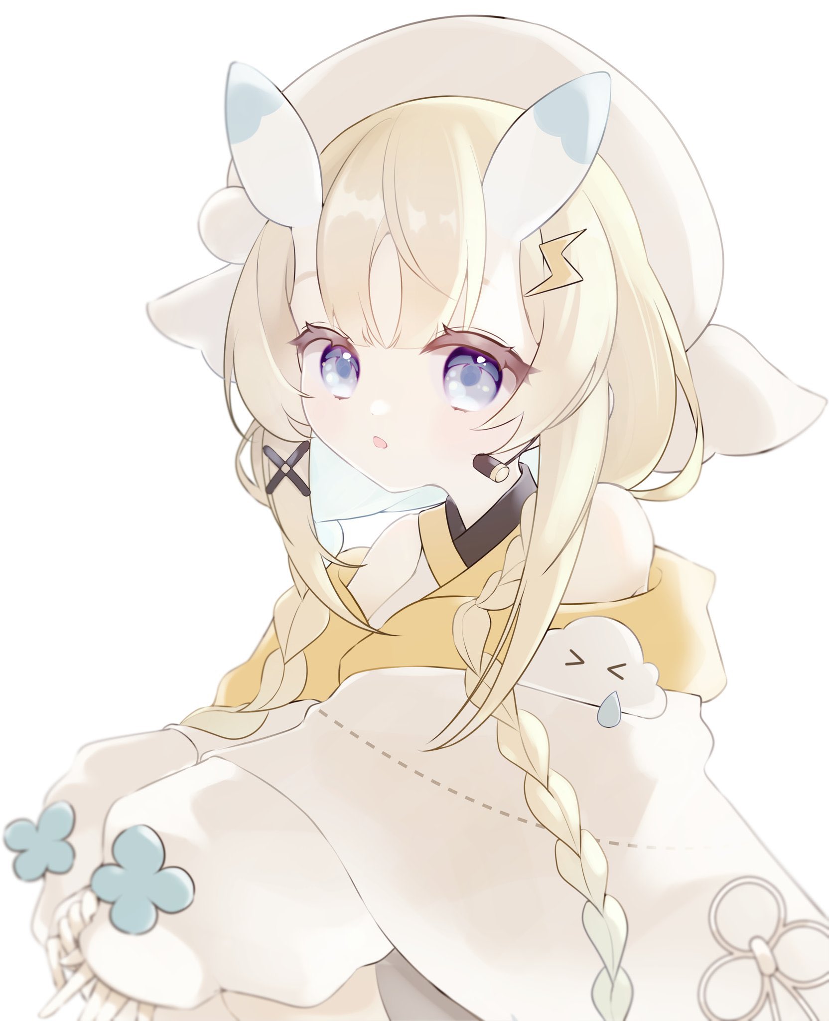 kadou mikaru, nijisanji, highres, 1girl, bare shoulders, blonde hair, blue eyes, blue horns, braid, coat, coat partially removed, cowboy shot, flower knot, from side, hair ornament, hair over shoulder, hands on own knees, hat, headset, horns, japanese clothes, kimono, layered sleeves, lightning bolt, lightning bolt hair ornament, lightning bolt symbol, long sleeves, looking at viewer, low twin braids, moppuchan, multicolored horns, parted lips, pom pom (clothes), pom pom hair ornament, puffy long sleeves, puffy sleeves, short over long sleeves, short sleeves, sidelocks, simple background, sleeves past wrists, solo, squatting, twin braids, two-tone horns, virtual youtuber, white background, white coat, white hat, white horns, white kimono, x hair ornament, yellow trim