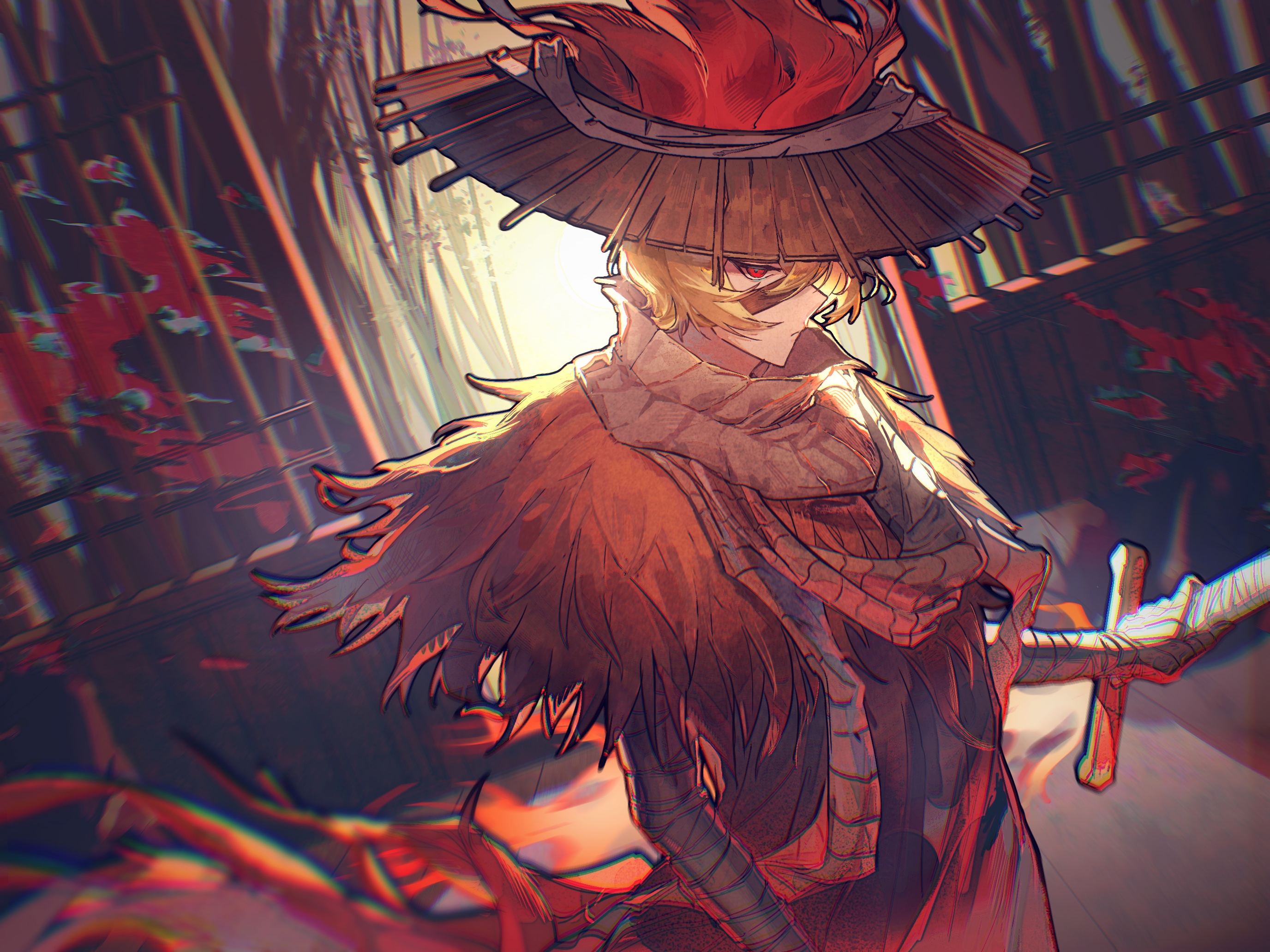 sinclair (project moon), limbus company, project moon, chinese commentary, highres, 1boy, architecture, backlighting, bandage on face, bandaged arm, bandages, blonde hair, blood, blood splatter, brown cloak, brown scarf, cloak, cunduwuyong, east asian architecture, feathered cloak, feathers, from side, hat, hat feather, heishou pack-you branch (identity) (project moon), holding, holding weapon, looking at viewer, male focus, red eyes, red feathers, rice hat, scarf, short hair, upper body, weapon