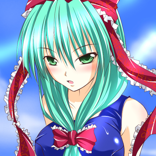 kagiyama hina, touhou, 1girl, blue sky, blush, breasts, female focus, front ponytail, green eyes, green hair, hair ribbon, large breasts, matching hair/eyes, open mouth, ribbon, sky, solo, upper body