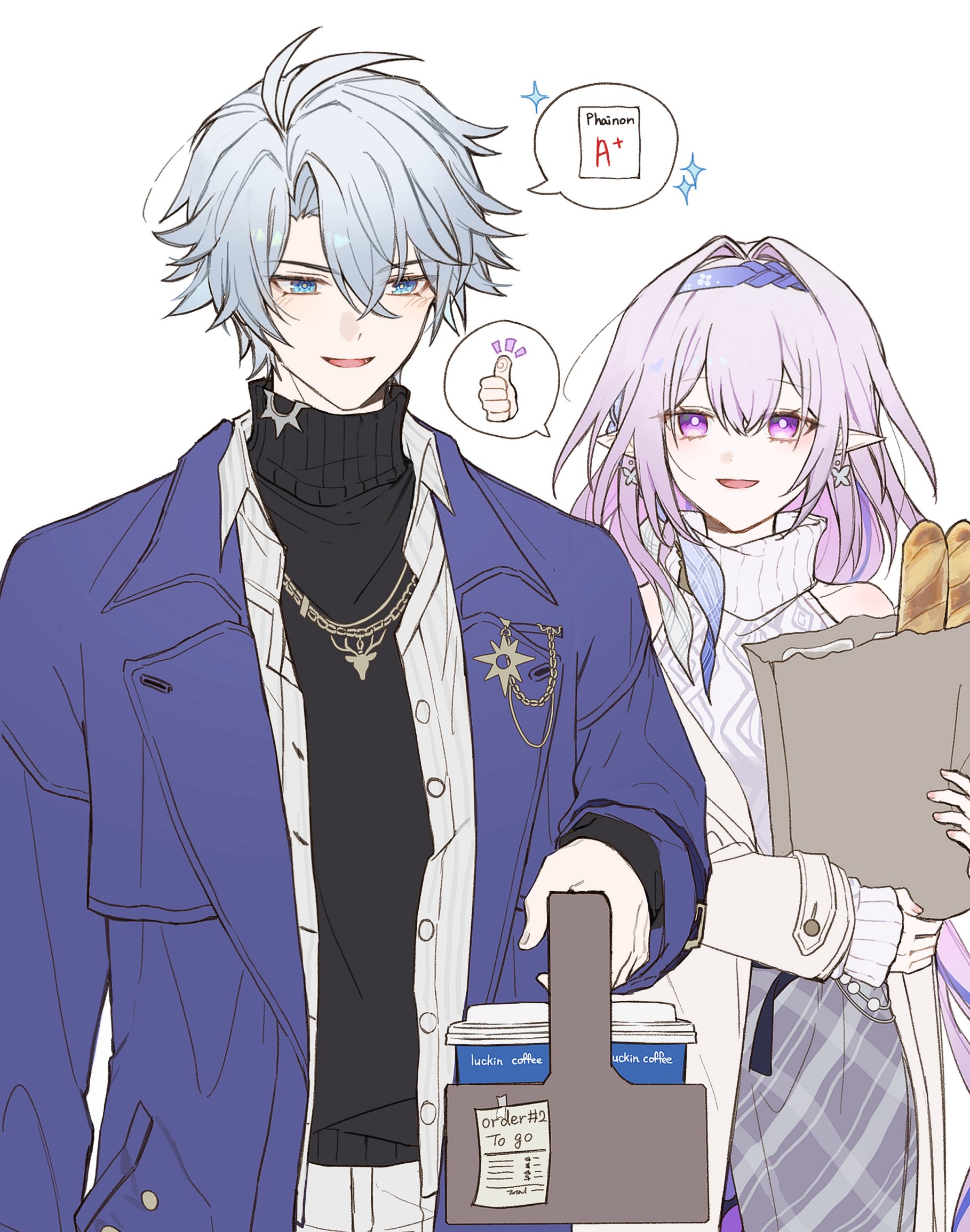 sp0i0ppp, castorice (honkai: star rail), phainon (honkai: star rail), honkai: star rail, honkai (series), highres, 1boy, 1girl, antenna hair, bag, baguette, black sweater, blue coat, blue eyes, bread, castorice (luckin coffee) (honkai: star rail), coat, crossed bangs, cup, disposable cup, earrings, food, grey hair, hair between eyes, holding, holding bag, jewelry, male focus, necklace, official alternate costume, open clothes, open coat, open mouth, open shirt, pants, parted bangs, phainon (luckin coffee) (honkai: star rail), pointy ears, purple eyes, purple hair, shirt, short hair, simple background, smile, solo, sweater, thumbs up, turtleneck, turtleneck sweater, white background, white pants, white shirt, yellow pupils