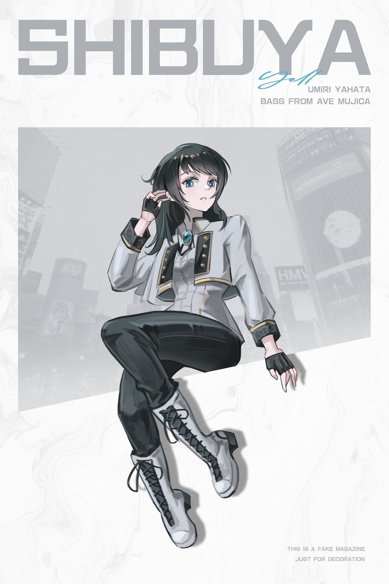 bkk (senmude), yahata umiri, bang dream!, bang dream! it's mygo!!!!!, chinese commentary, commentary request, highres, 1girl, black gloves, black hair, black pants, blue brooch, blue eyes, boots, character name, cover, fake magazine cover, fingerless gloves, gloves, grey boots, grey jacket, grey shirt, group name, hand up, jacket, magazine cover, medium hair, open mouth, pants, shibuya scramble crossing, shirt, solo