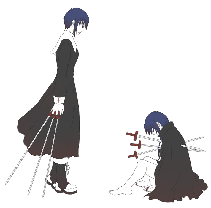 ciel (tsukihime), elesia, tsukihime, 00s, blue eyes, blue hair, boots, robe, sword, weapon