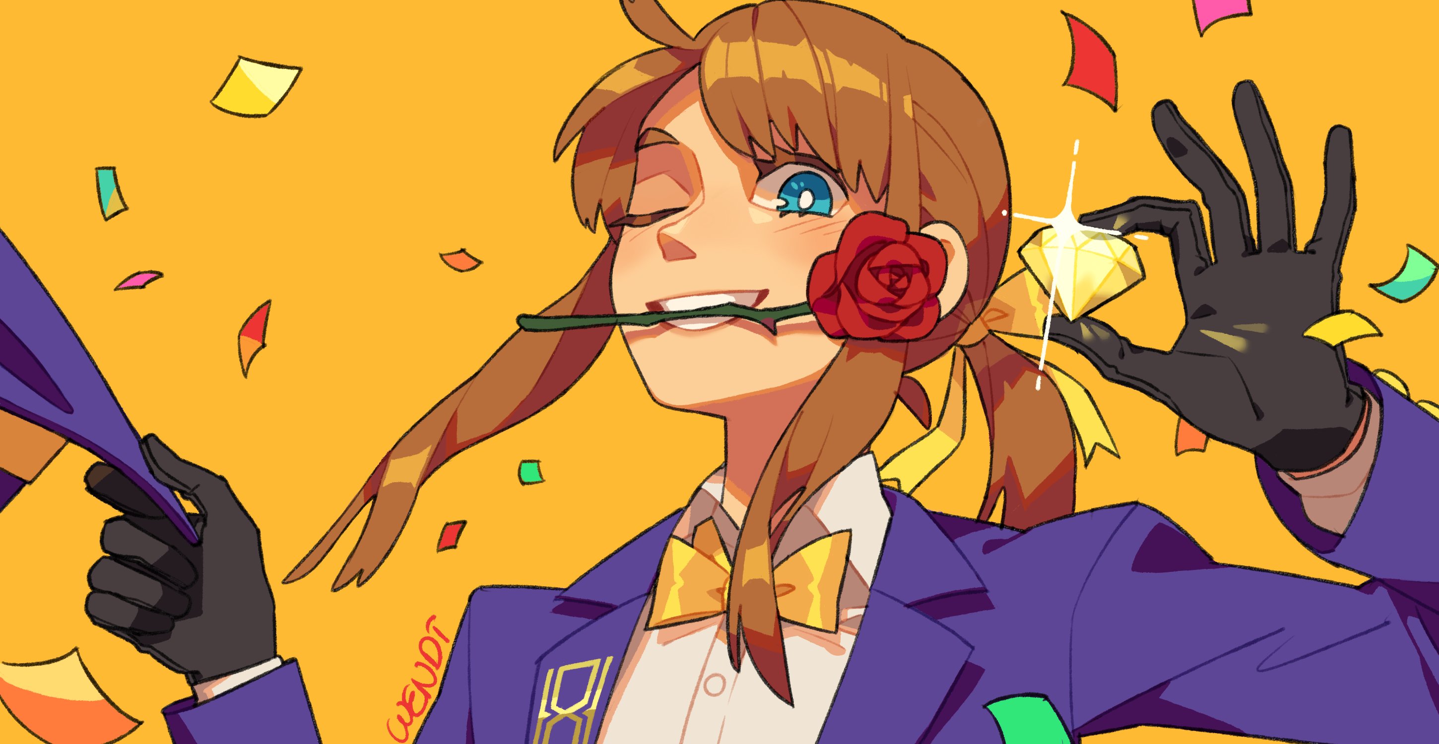 hat kid, a hat in time, commentary, english commentary, highres, 1girl, aged up, alternate costume, black gloves, blue eyes, bow, bowtie, brown hair, collared shirt, confetti, diamond (gemstone), flower, flower in mouth, gem, glint, gloves, hair bow, hat, holding, holding gem, holding unworn clothes, holding unworn hat, jacket, long hair, long sleeves, looking at viewer, one eye closed, open mouth, ponytail, purple hat, purple jacket, ratbuchet, red flower, red rose, rose, shirt, sidelocks, smile, solo, suit jacket, teeth, unworn hat, unworn headwear, upper body, white shirt, yellow background, yellow bow, yellow bowtie, yellow gemstone