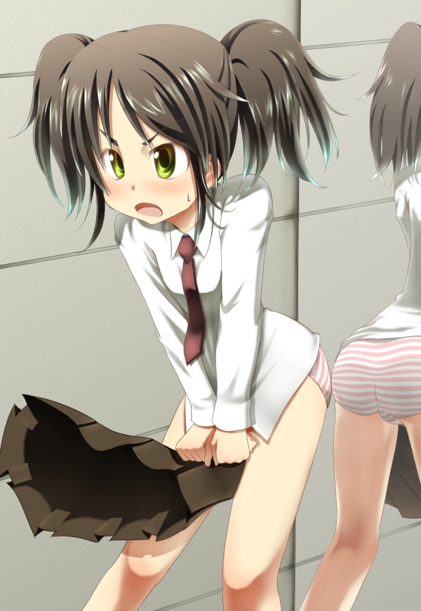 1girl, ass, blush, breasts, embarrassed, female focus, indoors, legs, mirror, narrow waist, necktie, panties, school uniform, serafuku, short hair, short twintails, small breasts, solo, standing, striped clothes, striped panties, thighs, twintails, underwear, undressing, yellow eyes