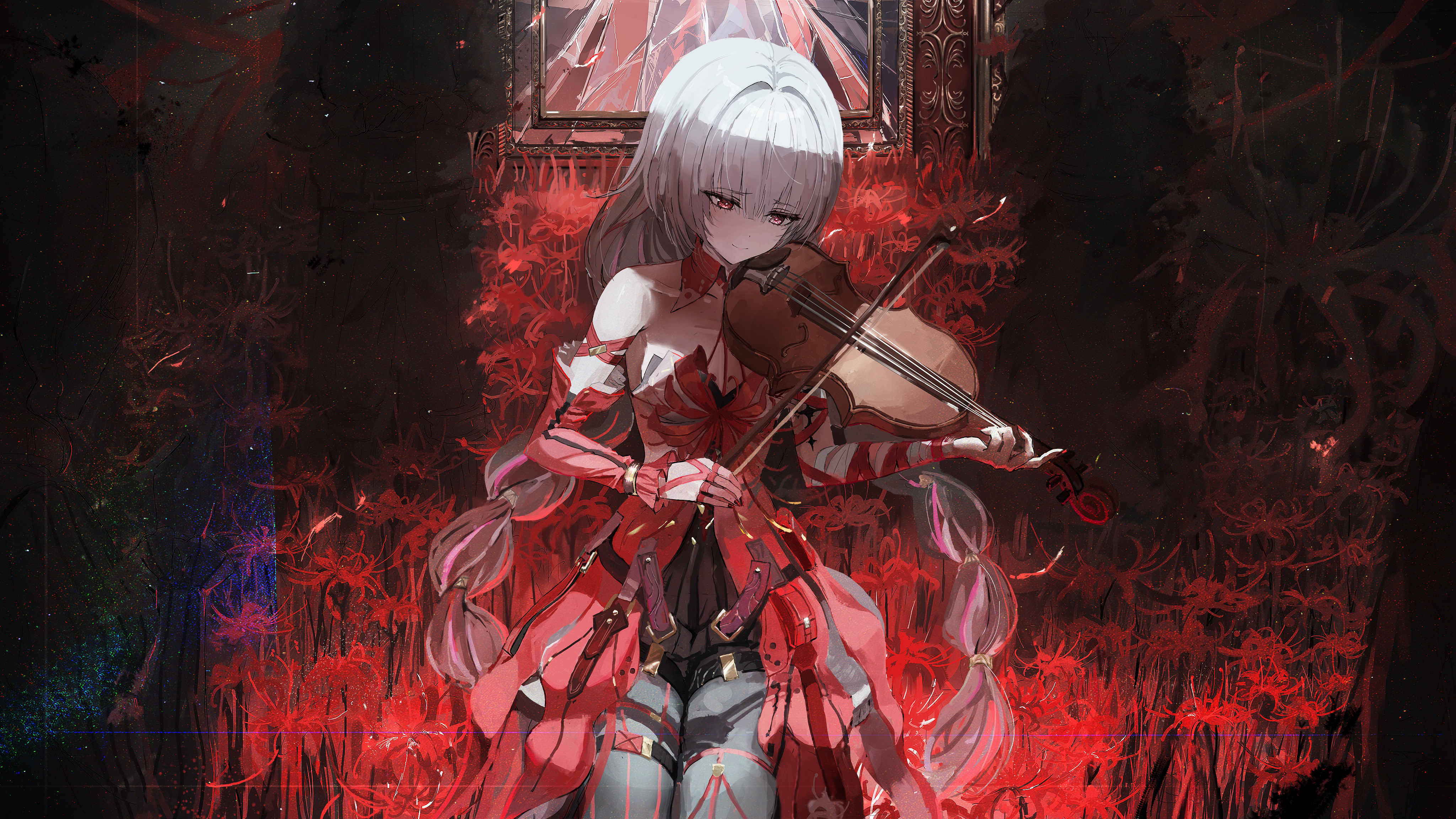 sonchi, phrolova (wuthering waves), wuthering waves, absurdres, commentary, highres, 1girl, bandaged arm, bandages, bare shoulders, black pantyhose, black skirt, braid, breasts, broken glass, closed mouth, detached sleeves, dress, flower, glass, grey hair, halter dress, halterneck, instrument, low twin braids, medium breasts, music, pantyhose, picture frame, playing instrument, red dress, red eyes, single detached sleeve, skirt, solo, spider lily, twin braids, violin