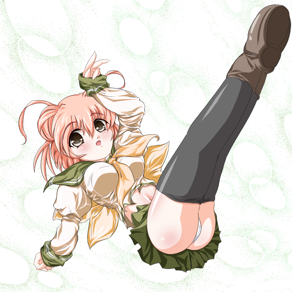 kai akira, 1girl, ass, black thighhighs, blush, bow, breasts, clothes lift, large breasts, legs, midriff, orange hair, panties, pantyshot, pink hair, ribbon, school uniform, serafuku, short hair, skirt, skirt lift, thighhighs, thighs, underwear