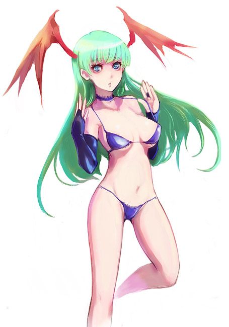 kara (color), morrigan aensland, capcom, darkstalkers, 1girl, bikini, bra, choker, elbow gloves, female focus, gloves, green hair, head wings, lingerie, long hair, panties, solo, swimsuit, underwear, underwear only, wings