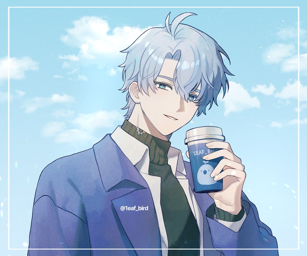 phainon (honkai: star rail), honkai: star rail, honkai (series), 1boy, 1eaf bird, antenna hair, black sweater, blue coat, blue eyes, cloud, cloudy sky, coat, crossed bangs, cup, disposable cup, grey hair, grin, hair between eyes, hand up, holding, holding cup, jewelry, looking at viewer, male focus, necklace, official alternate costume, open clothes, open coat, open shirt, parted bangs, phainon (luckin coffee) (honkai: star rail), shirt, short hair, sky, smile, solo, sweater, teeth, turtleneck, turtleneck sweater, twitter username, upper body, white shirt, yellow pupils