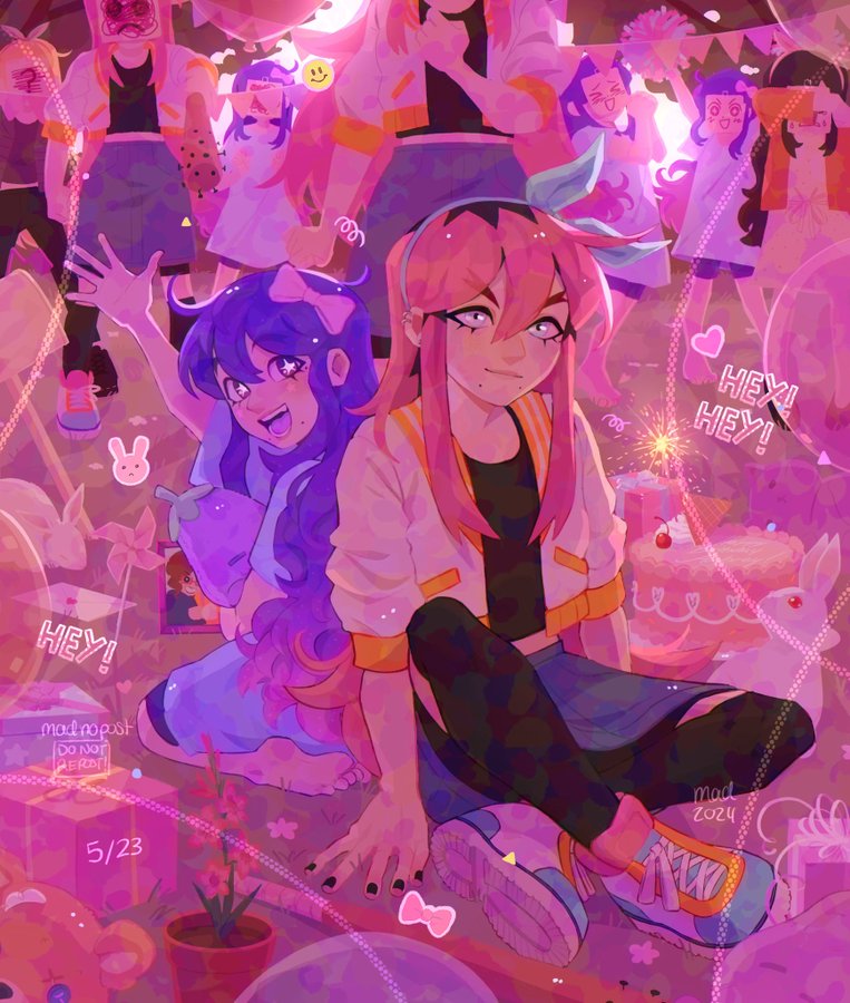 madnopost, aubrey (faraway) (omori), aubrey (headspace) (omori), aubrey (omori), mr. plantegg (omori), omori, 2girls, baseball bat, birthday cake, blue dress, blue headband, bow, box, cake, crop top, dated, dress, flower pot, food, gift, gift box, hair bow, hair ornament, happy birthday, headband, holding, holding stuffed toy, jacket, long hair, looking at viewer, multiple girls, nail (hardware), nail bat, open mouth, pink hair, pink theme, pinwheel, purple hair, signature, smile, sparkling eyes, stuffed toy, white jacket, white rabbit (animal)