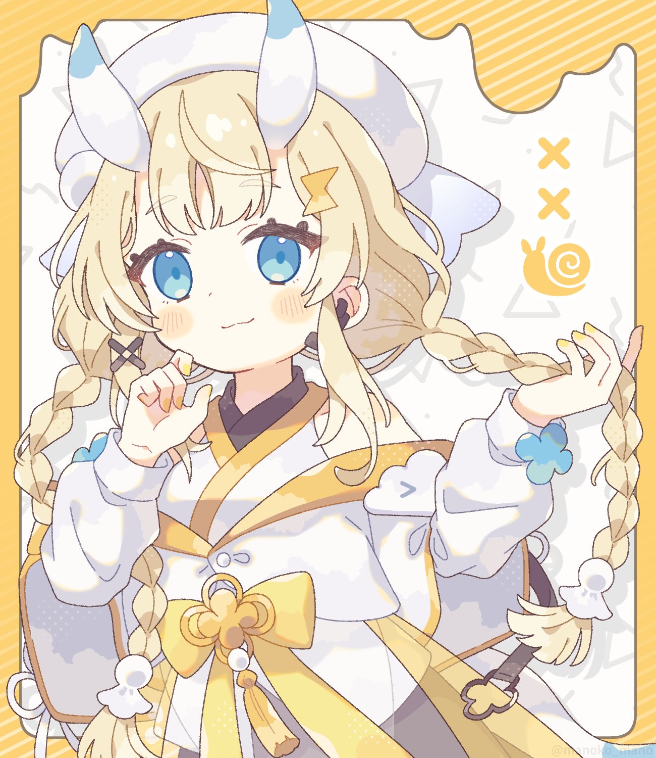 komano shia, kadou mikaru, nijisanji, highres, 1girl, bare shoulders, black skirt, blonde hair, blue eyes, blue horns, blue tail, blush stickers, border, braid, closed mouth, coat, coat partially removed, cowboy shot, flower knot, hair ornament, hair over shoulder, hakama, hakama skirt, hand on own chin, hat, headset, holding, holding own hair, horns, japanese clothes, kimono, layered sleeves, lightning bolt, lightning bolt hair ornament, lightning bolt symbol, long hair, long sleeves, low twin braids, multicolored horns, nail polish, outside border, pom pom (clothes), pom pom hair ornament, puffy long sleeves, puffy sleeves, ribbon, see-through clothes, short over long sleeves, short sleeves, sidelocks, skirt, smile, solo, standing, teruterubouzu, twin braids, two-tone horns, two-tone tail, very long hair, virtual youtuber, white background, white coat, white hat, white horns, white kimono, white tail, x hair ornament, yellow border, yellow nails, yellow ribbon, yellow trim