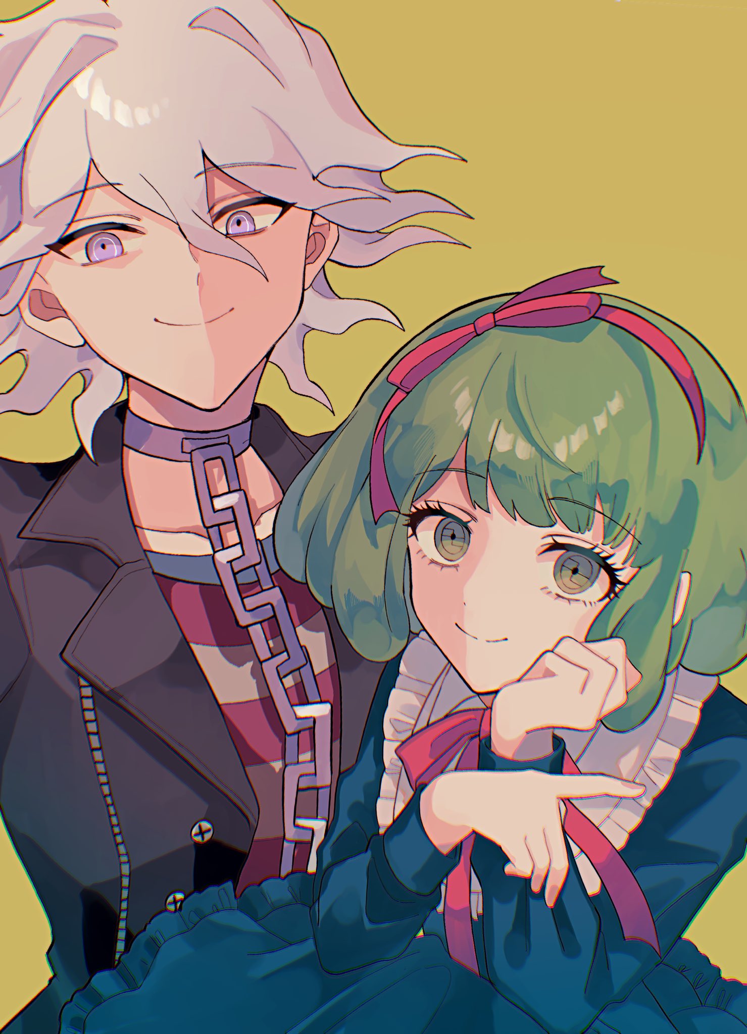 hakumai (mgmg okomee), komaeda nagito, servant (danganronpa), towa monaca, danganronpa (series), danganronpa another episode: ultra despair girls, highres, 1boy, 1girl, black dress, black jacket, chain, chain leash, collar, dress, eyelashes, green eyes, green hair, grey eyes, hairband, jacket, leash, open clothes, open jacket, red hairband, red ribbon, ribbon, shirt, short hair, simple background, striped clothes, striped shirt, upper body, white hair, yellow background