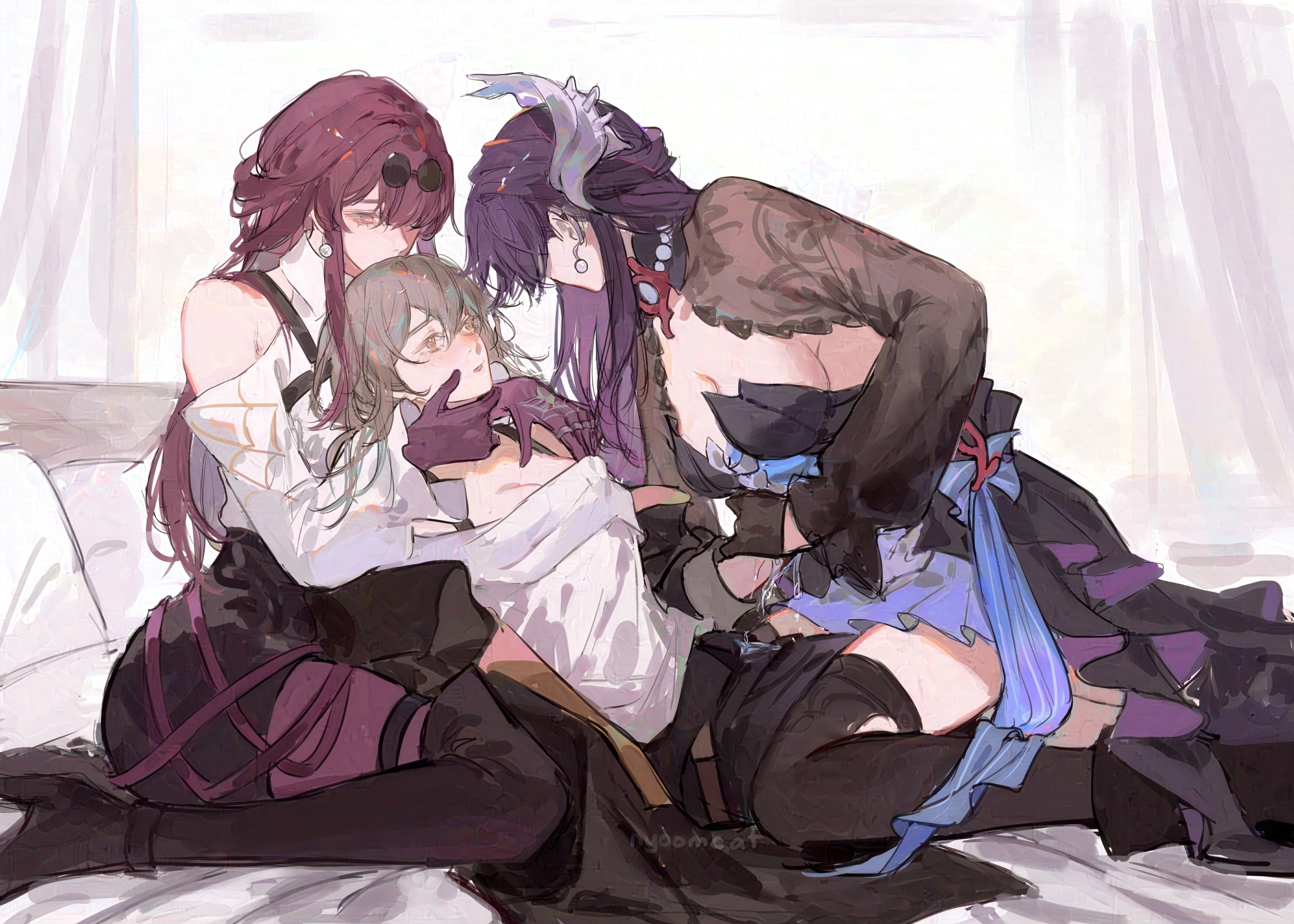 nyoomcat, hysilens (honkai: star rail), kafka (honkai: star rail), stelle (honkai: star rail), trailblazer (honkai: star rail), honkai: star rail, honkai (series), hashtag-only commentary, highres, 3girls, black boots, black dress, black thighhighs, boots, collared shirt, dress, earrings, girl sandwich, grey hair, hair ornament, jewelry, long hair, multiple girls, pantyhose, pearl earrings, purple eyes, purple hair, purple pantyhose, round eyewear, sandwiched, shirt, sunglasses, thighhighs, white shirt, yellow eyes, yuri