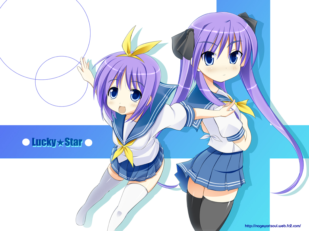 hiiragi kagami, hiiragi tsukasa, lucky star, 00s, 2girls, miniskirt, multiple girls, school uniform, serafuku, siblings, sisters, skirt, standing, thighhighs, twins