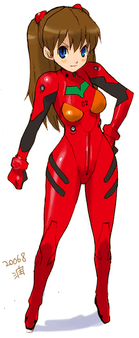 junkaido, souryuu asuka langley, neon genesis evangelion, 1girl, blush, bodysuit, breasts, brown hair, curvy, full body, hand on own hip, looking at viewer, mecha pilot suit, plugsuit (evangelion), red bodysuit, shiny clothes, standing, two side up, wide hips