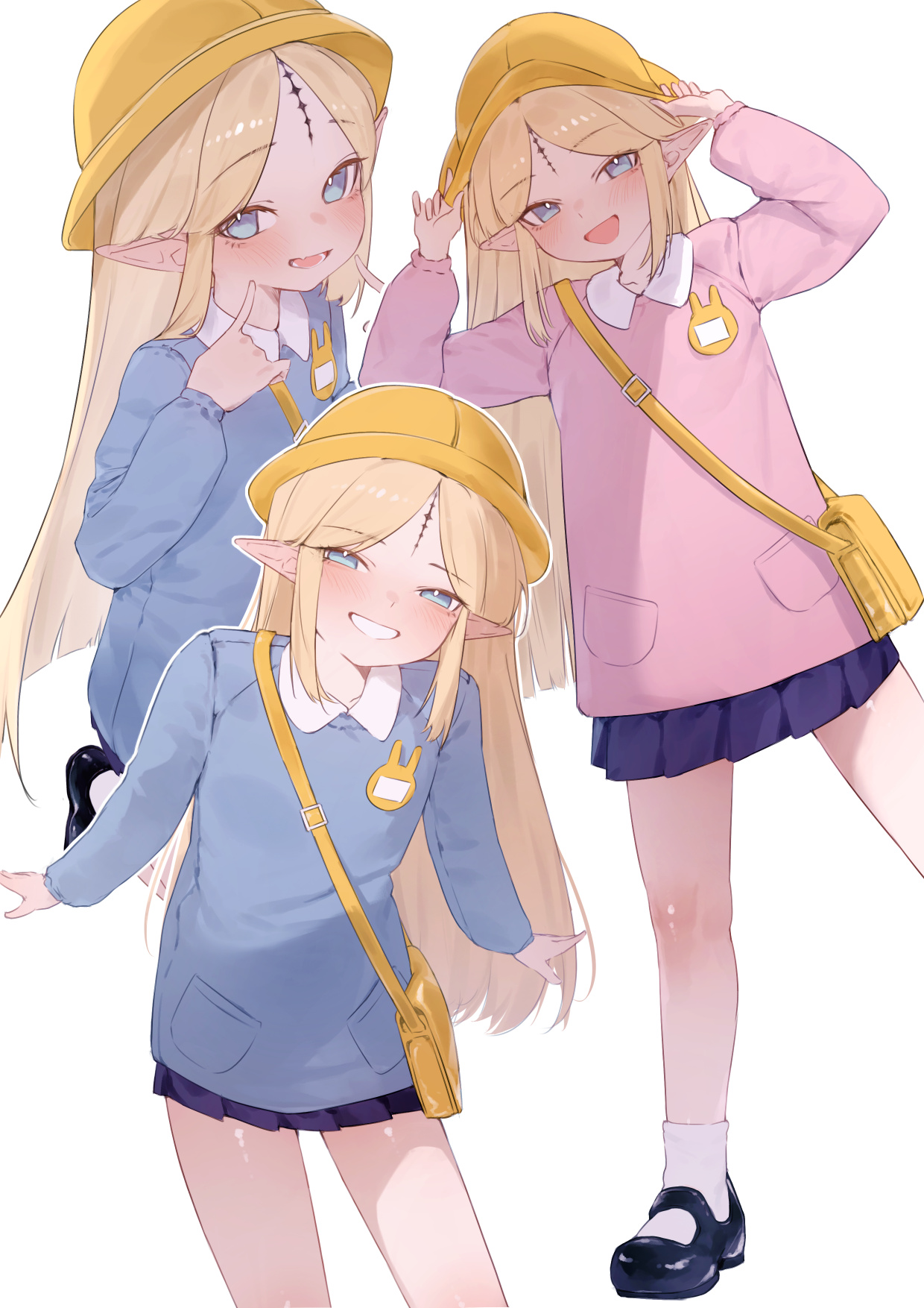 xaea xp, cartethyia (wuthering waves), wuthering waves, commentary, english commentary, highres, 1girl, aged down, bag, black shoes, blonde hair, blue eyes, blue skirt, blush, collared shirt, elf, forehead, grin, hat, kindergarten bag, kindergarten uniform, long hair, looking at viewer, mary janes, multiple views, narrowed eyes, open mouth, parted bangs, pleated skirt, pointy ears, school hat, shirt, shoes, simple background, skirt, smile, socks, very long hair, white background, white socks, white undershirt