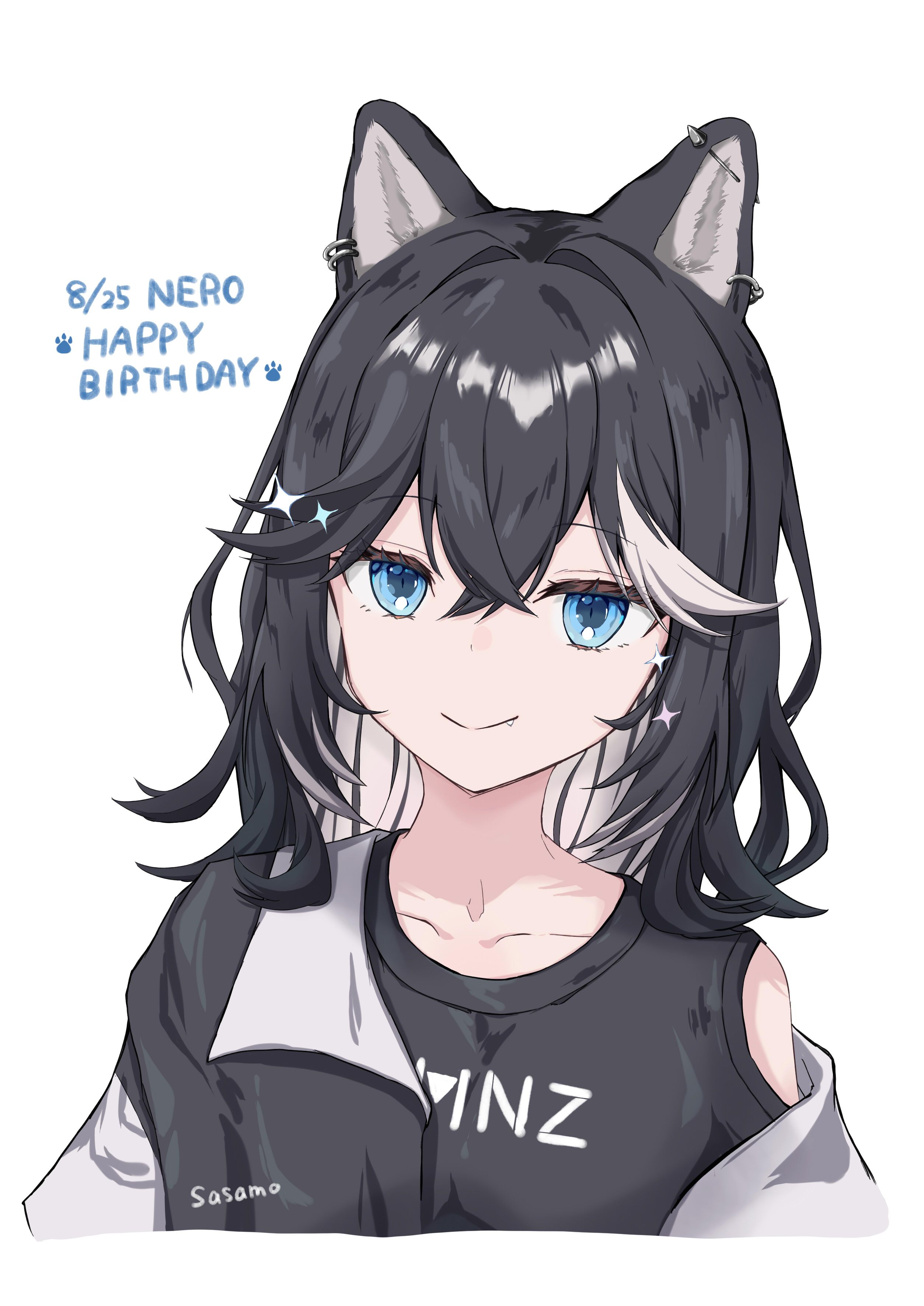 misasagi sasami, nero (kmnz), kmnz, absurdres, highres, 1girl, animal ears, black hair, black jacket, black shirt, blue eyes, breasts, character name, closed mouth, clothing cutout, collarbone, colored inner hair, cropped torso, dated, dog ears, dog girl, ear piercing, happy birthday, jacket, looking at viewer, medium hair, multicolored hair, open clothes, open jacket, piercing, shirt, shoulder cutout, single off shoulder, smile, solo, sparkle, white hair