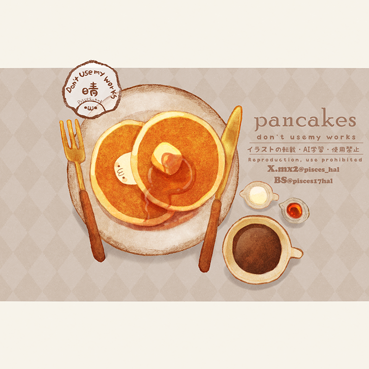 haru (pisces hal), original, commentary request, butter, butter knife, coffee, coffee mug, creamer (vessel), cup, food, food focus, food name, fork, knife, mug, no humans, pancake, plate, syrup