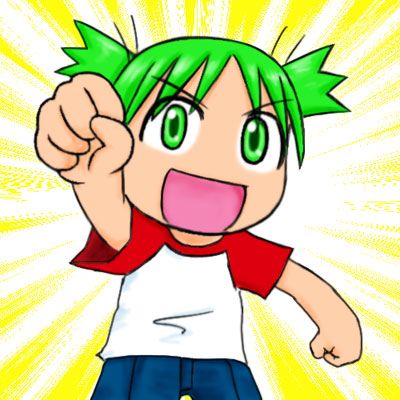 koiwai yotsuba, yotsubato!, lowres, >:d, 1girl, :d, child, female focus, green eyes, green hair, looking at viewer, matching hair/eyes, multicolored shirt, open mouth, quad tails, radial, radial background, raglan sleeves, shirt, smile, solo, t-shirt, v-shaped eyebrows