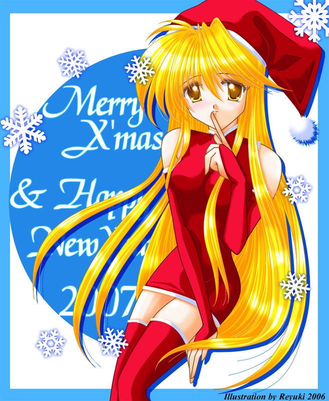 1girl, blonde hair, border, christmas, dress, female focus, sitting, snowflakes, solo, thighhighs, yellow eyes