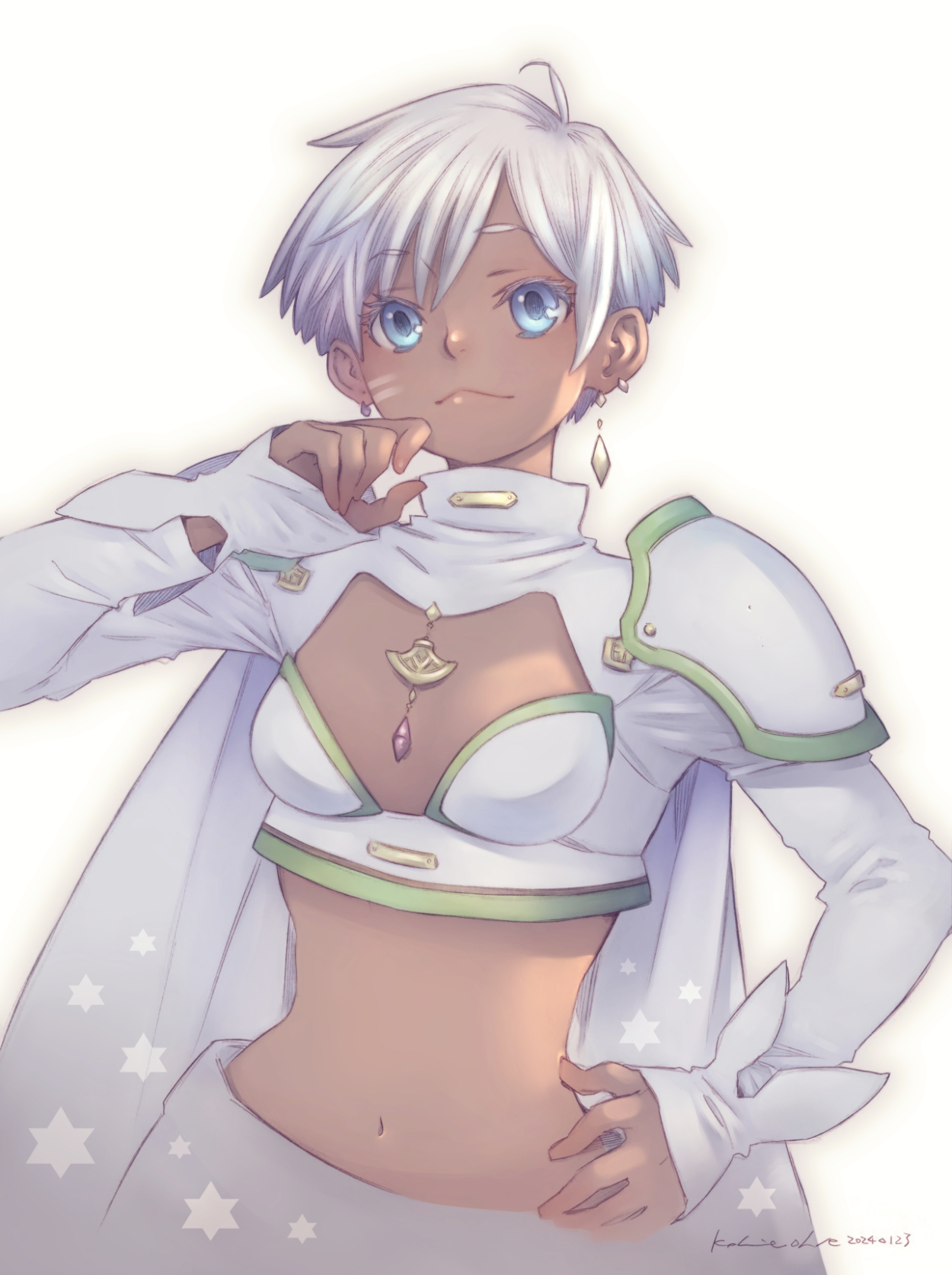 ohse kohime, mu seqstanse, atelier (series), atelier marie, highres, 1girl, armor, blue eyes, cape, closed mouth, crop top, dark-skinned female, dark skin, dated, earrings, jewelry, long sleeves, looking at viewer, midriff, navel, pauldrons, short hair, shoulder armor, simple background, solo, star (symbol), tattoo, white background, white hair