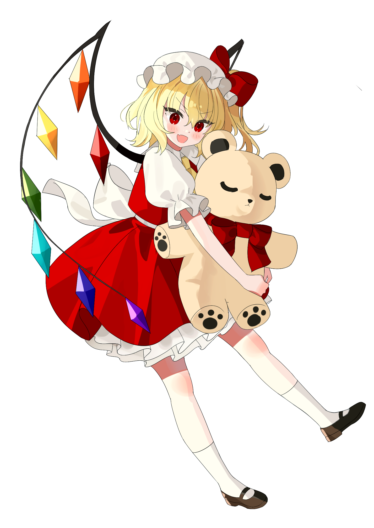 chimi (s2yuyukos2), flandre scarlet, touhou, commentary, highres, 1girl, ascot, black shoes, blonde hair, blush, collared shirt, crystal, crystal wings, fang, full body, hat, hugging doll, hugging object, long hair, looking at viewer, mary janes, mob cap, multicolored wings, one side up, open mouth, red eyes, red skirt, red vest, shirt, shoes, simple background, skin fang, skirt, skirt set, smile, socks, solo, stuffed animal, stuffed toy, teddy bear, vest, white background, white hat, white socks, wings, yellow ascot