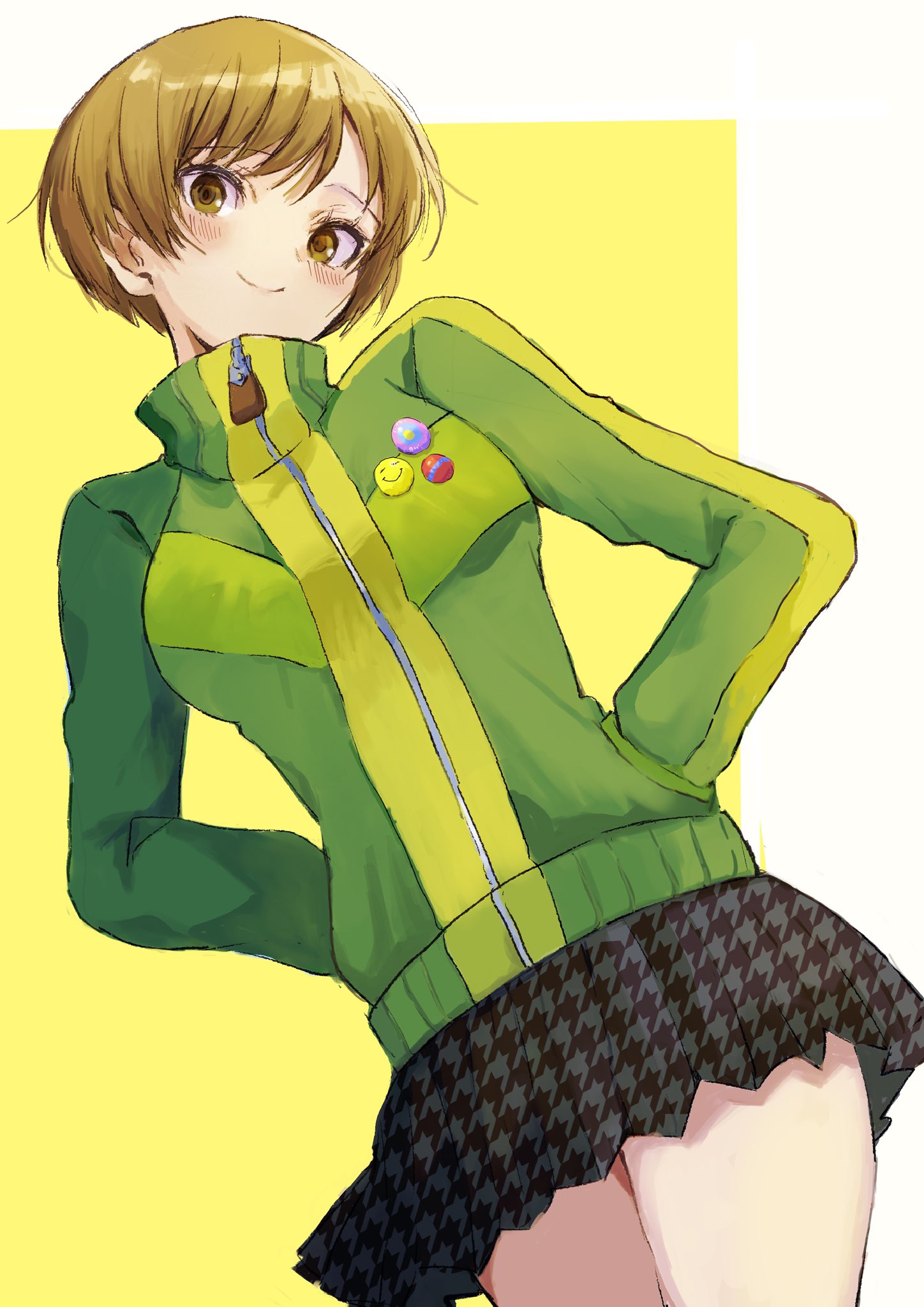 kanna nijiniji, satonaka chie, persona, persona 4, highres, 1girl, arms behind back, badge, black skirt, breasts, brown eyes, brown hair, button badge, closed mouth, cowboy shot, green jacket, hands in pockets, high collar, houndstooth, jacket, light blush, looking at viewer, medium breasts, short hair, skirt, smile, solo, zipper pull tab