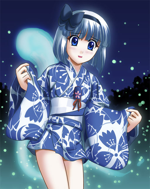 yamaguchi takashi, konpaku youmu, konpaku youmu (ghost), touhou, silver hair, 1girl, arms up, bare legs, black ribbon, blue eyes, blue kimono, blush, bug, female focus, fireflies, firefly, hair ribbon, hands up, happy, insect, japanese clothes, kimono, long sleeves, looking down, multicolored kimono, night, night sky, obi, outdoors, parted lips, ribbon, sash, sky, smile, solo, standing, thighs, wide sleeves, yukata
