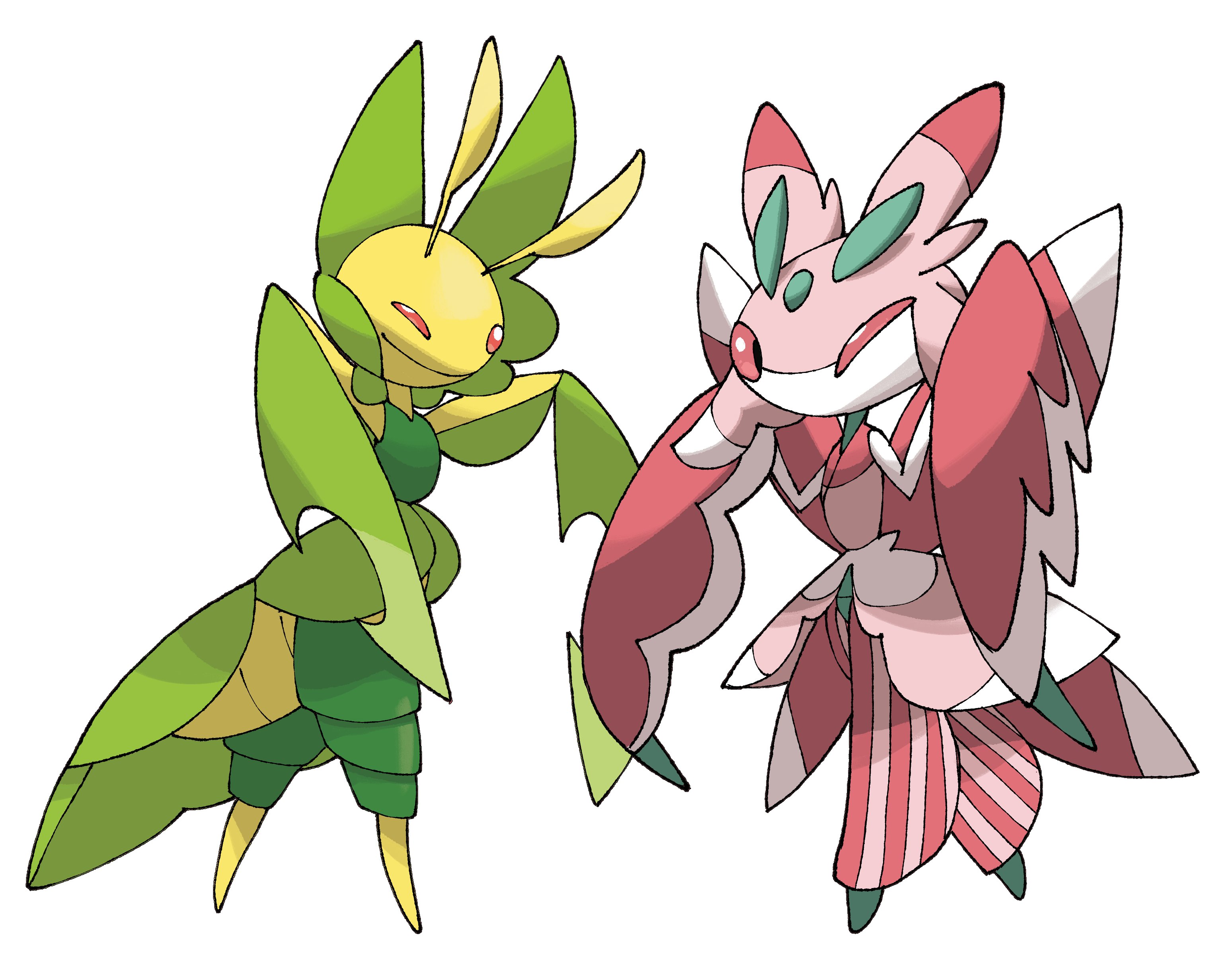 pr quote, leavanny, lurantis, nintendo, pokemon, absurdres, commentary, highres, antennae, full body, gen 5 pokemon, gen 7 pokemon, no humans, one eye closed, pokemon (creature), pokemon focus, simple background, white background