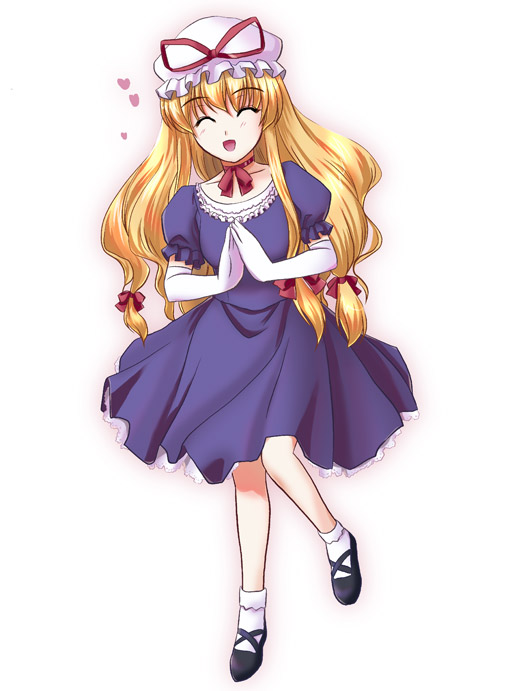 yamaguchi takashi, yakumo yukari, touhou, tagme, 1girl, dress, eternal loli, female focus, full body, gradient background, hat, solo, white background