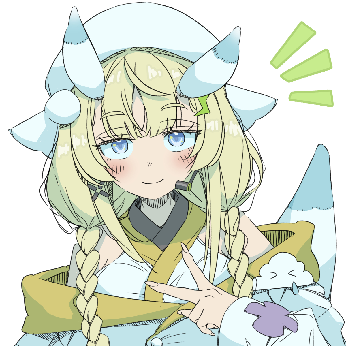 kadou mikaru, nijisanji, highres, 1girl, 9thday9, bare shoulders, blonde hair, blue eyes, blue horns, blue tail, blush, braid, closed mouth, coat, coat partially removed, hair ornament, hair over shoulder, hat, headset, horns, japanese clothes, kimono, lightning bolt, lightning bolt hair ornament, lightning bolt symbol, long sleeves, looking at viewer, low twin braids, multicolored horns, notice lines, pom pom (clothes), pom pom hair ornament, puffy long sleeves, puffy sleeves, sidelocks, simple background, smile, solo, tail raised, twin braids, two-tone horns, two-tone tail, upper body, upturned eyes, v, virtual youtuber, white background, white coat, white hat, white horns, white kimono, white tail, x hair ornament, yellow trim