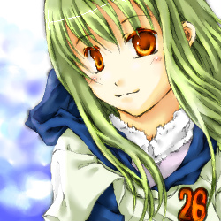 amber (darker than black), darker than black, lowres, 00s, 1girl, 26 (number), cloud, female focus, fur trim, green hair, hood, hoodie, orange eyes, solo, wind