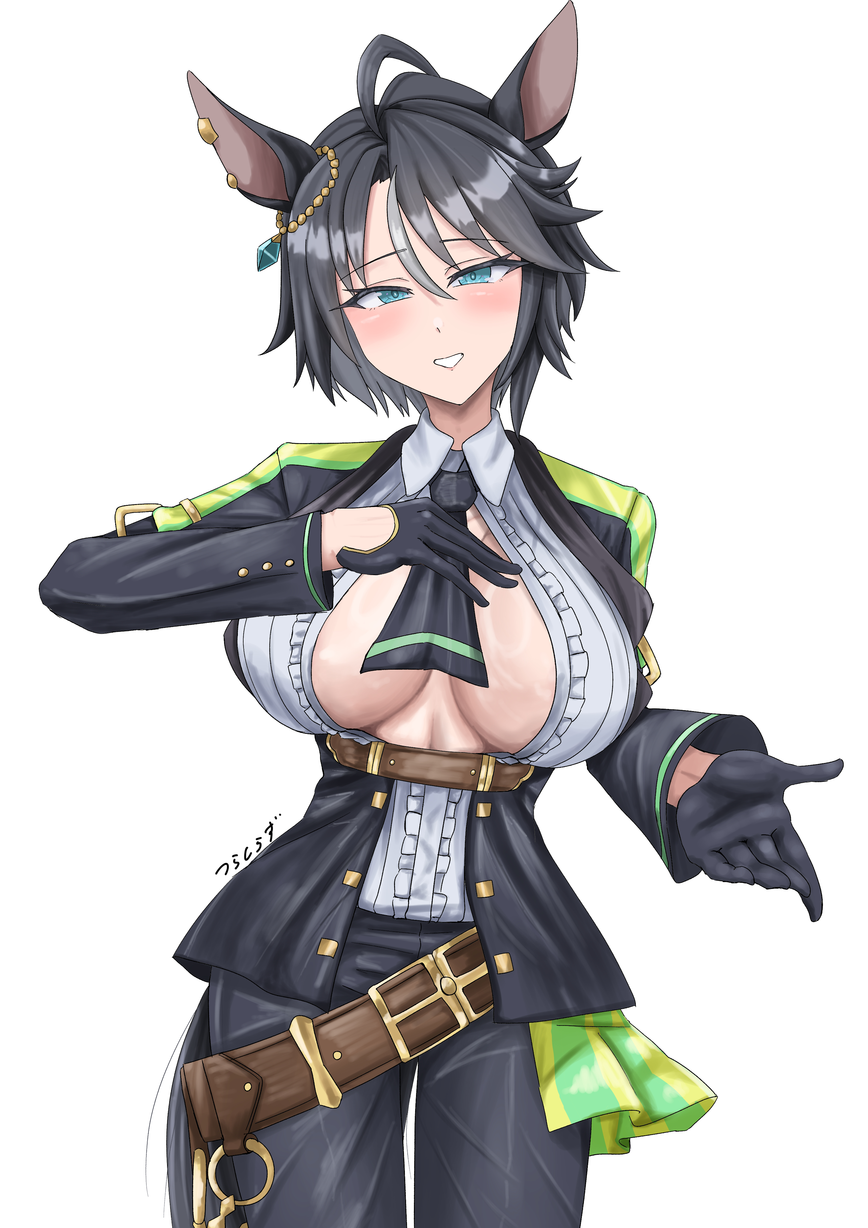 tsunashirazu (tunasira zoo9), fuji kiseki (umamusume), umamusume, absurdres, commentary request, highres, paid reward available, partial commentary, 1girl, ahoge, animal ears, belt, black gloves, black hair, black jacket, black necktie, black pants, blue eyes, blush, breasts, brown belt, center frills, cleavage, collared shirt, cowboy shot, ear ornament, ear piercing, frilled shirt, frills, gloves, hair between eyes, hand on own chest, horse ears, horse girl, horse tail, jacket, large breasts, long sleeves, looking at viewer, multicolored hair, necktie, open clothes, open jacket, pants, parted lips, piercing, shirt, short hair, sidelocks, simple background, smile, solo, standing, tail, underbust, white background, white hair, white shirt
