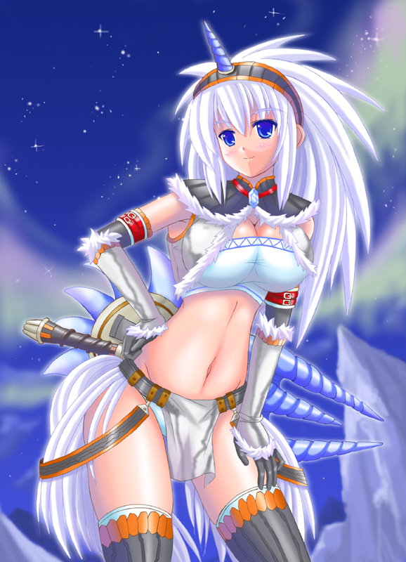 utsubo kazura, capcom, monster hunter (series), 1girl, blue eyes, elbow gloves, female focus, gloves, hairband, hand on own hip, horns, kirin (armor), loincloth, night, shield, single horn, sky, solo, thighhighs, weapon, white hair
