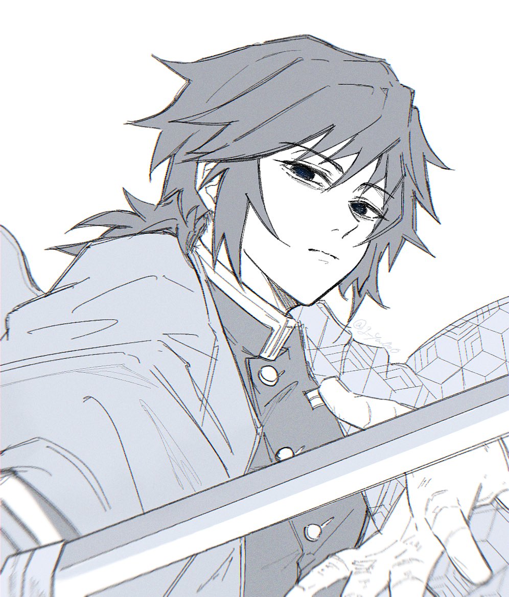 tomioka giyuu, kimetsu no yaiba, 1boy, black hair, black jacket, blue eyes, buttons, demon slayer uniform, empty eyes, g yu0o0, haori, holding, holding sword, holding weapon, jacket, japanese clothes, katana, looking at viewer, low ponytail, male focus, partially colored, ponytail, print haori, simple background, solo, spiked hair, sword, upper body, weapon, white background