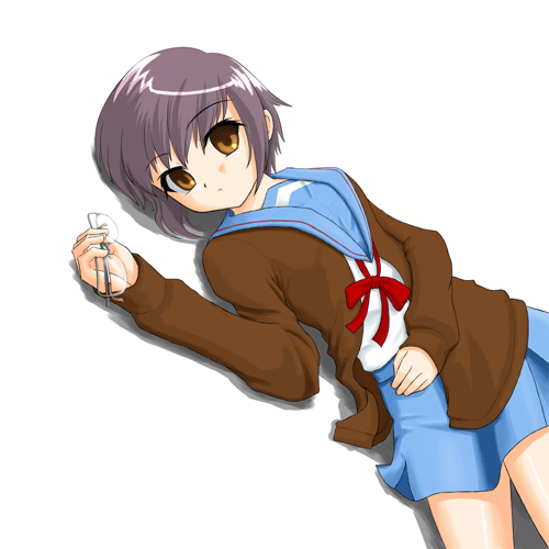 nagato yuki, suzumiya haruhi no yuuutsu, lowres, 00s, cardigan, glasses, school uniform, serafuku, solo