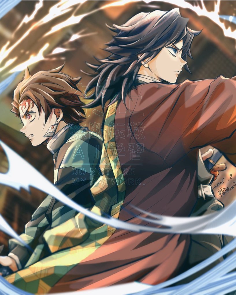tomioka giyuu, kimetsu no yaiba, 2boys, belt, black hair, black jacket, black pants, blue eyes, brown hair, buttons, clenched teeth, demon slayer uniform, earrings, english text, haori, holding, holding sword, holding weapon, jacket, japanese clothes, jewelry, kasumi kiriu, katana, low ponytail, male focus, multiple boys, pants, ponytail, print haori, red haori, short hair, spiked hair, sword, teeth, water, watermark, weapon, white belt