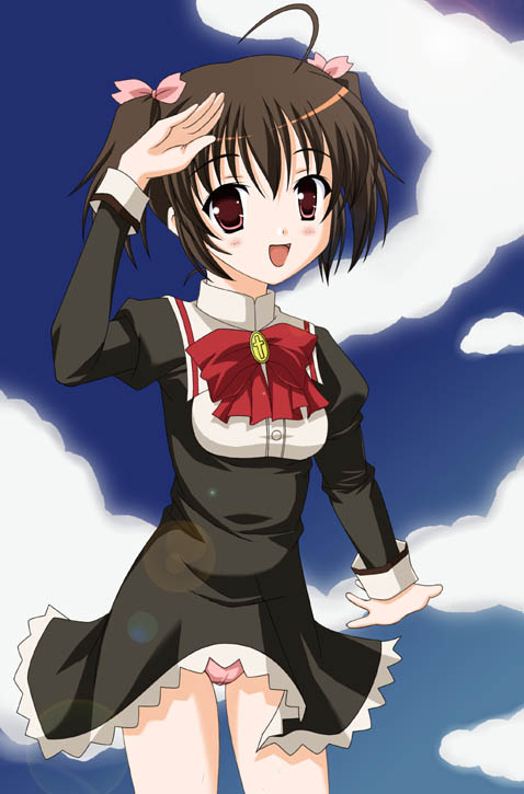 1girl, black hair, bow, breasts, cloud, dress, female focus, hair ribbon, outdoors, panties, pantyshot, red eyes, ribbon, salute, school uniform, serafuku, short hair, sky, small breasts, solo, standing, underwear