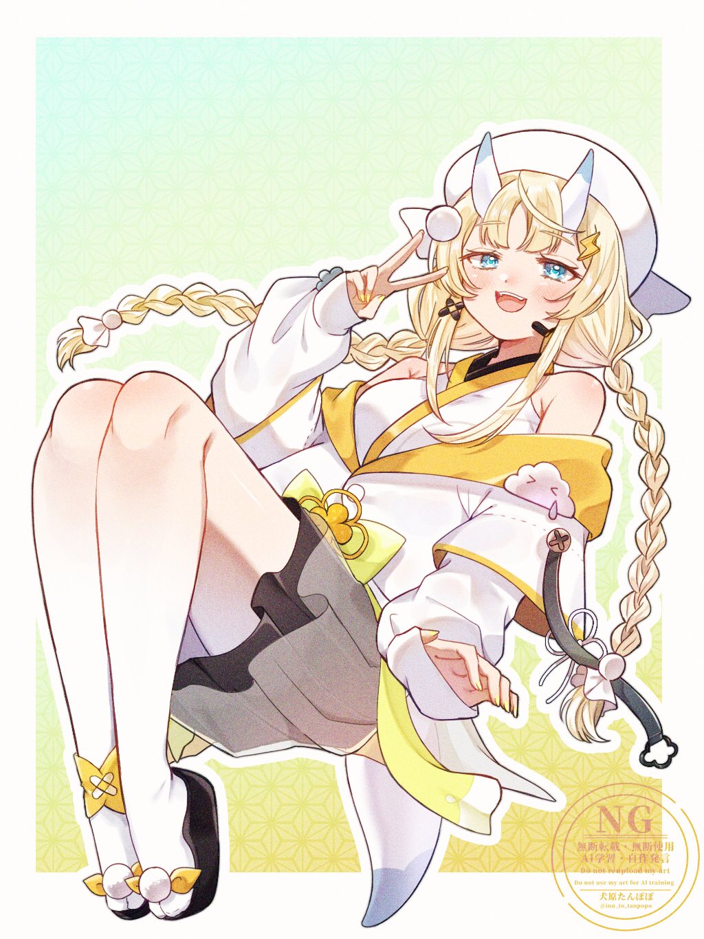 inu to tanpopo, kadou mikaru, nijisanji, highres, 1girl, :d, ankleband, bare shoulders, black skirt, blonde hair, blue eyes, blue horns, blue tail, blush, border, bow, braid, breasts, coat, coat partially removed, dutch angle, fangs, flower knot, footwear bow, from below, full body, gradient background, gradient pantyhose, green background, hair ornament, hakama, hakama skirt, hat, headset, horns, japanese clothes, kimono, knees up, layered sleeves, lightning bolt, lightning bolt hair ornament, lightning bolt symbol, long hair, long sleeves, looking at viewer, low twin braids, medium breasts, miniskirt, multicolored horns, nail polish, okobo, open mouth, outline, outside border, pantyhose, platform sandals, pom pom (clothes), pom pom footwear, pom pom hair ornament, puffy long sleeves, puffy sleeves, ribbon, sandals, see-through clothes, short over long sleeves, short sleeves, sidelocks, skirt, sleeves past wrists, smile, solo, teruterubouzu, twin braids, two-tone horns, two-tone tail, v, very long hair, virtual youtuber, watermark, white border, white coat, white hat, white horns, white kimono, white outline, white pantyhose, white tail, x hair ornament, yellow background, yellow bow, yellow nails, yellow ribbon, yellow trim