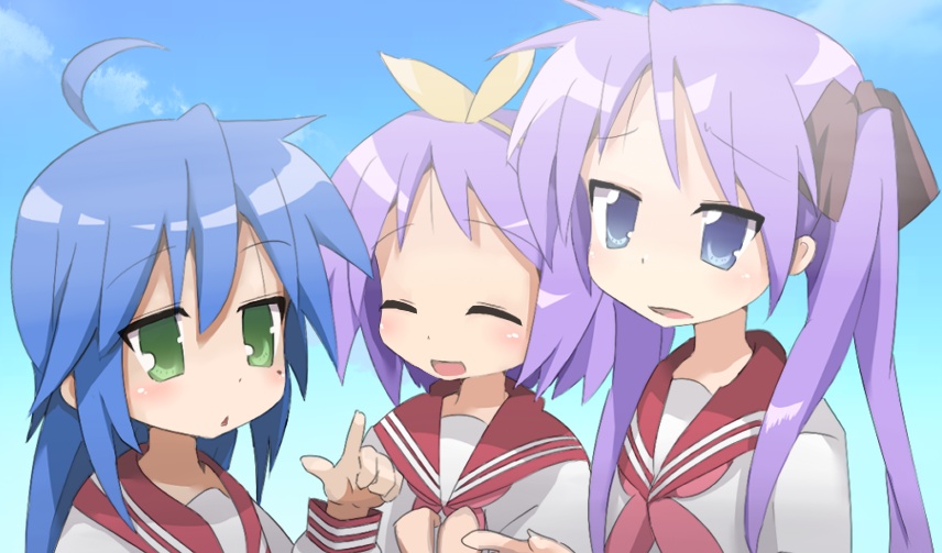 hiiragi kagami, hiiragi tsukasa, izumi konata, lucky star, 00s, 3girls, mole, mole under eye, multiple girls, school uniform, serafuku, sisters, twins, upper body