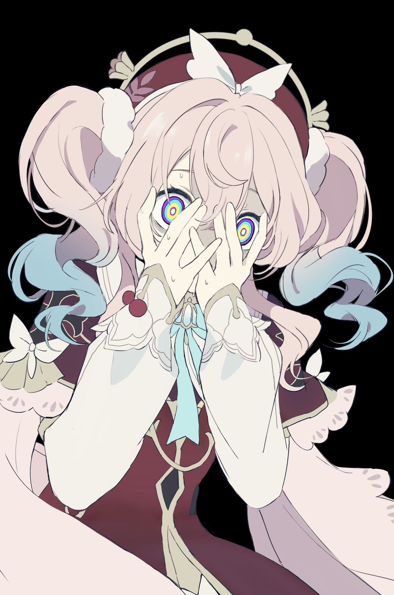 hyacine (honkai: star rail), honkai: star rail, honkai (series), highres, 1girl, aqua hair, beret, black background, covering face, dress, gradient hair, hair between eyes, hands up, hat, horrified, ki ii37, multicolored eyes, multicolored hair, pink hair, red dress, red hat, simple background, solo, twintails, two-tone hair, upper body