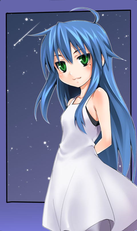 azu, izumi konata, lucky star, 00s, 1girl, arms behind back, blue hair, dress, female focus, green eyes, long hair, mole, mole under eye, smile, solo, very long hair