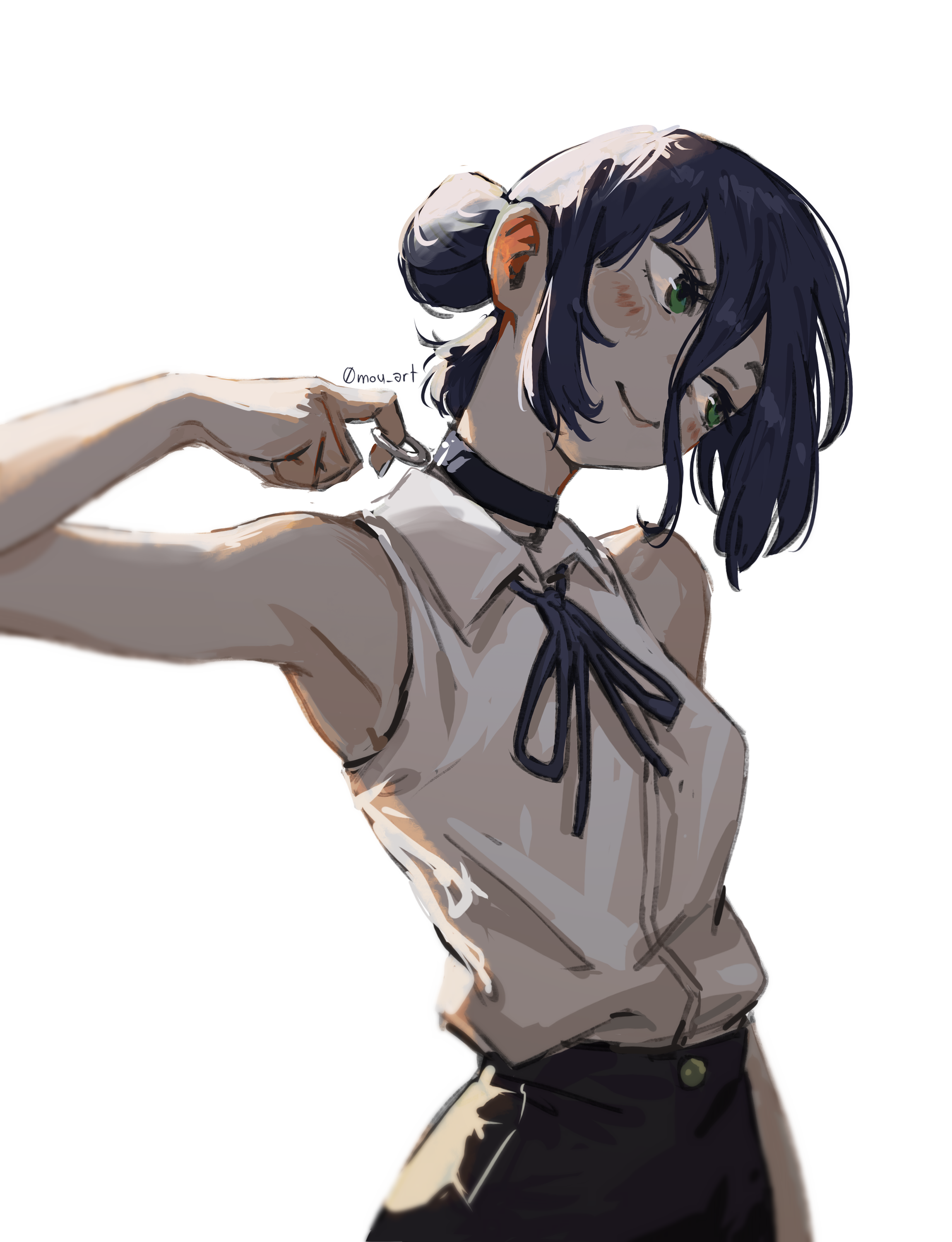 reze (chainsaw man), chainsaw man, absurdres, highres, 0mou art, 1girl, black choker, black hair, black ribbon, black shorts, choker, closed mouth, green eyes, grenade pin, hair bun, ribbon, shirt, shorts, simple background, sleeveless, sleeveless shirt, smile, solo, twitter username, white background, white shirt