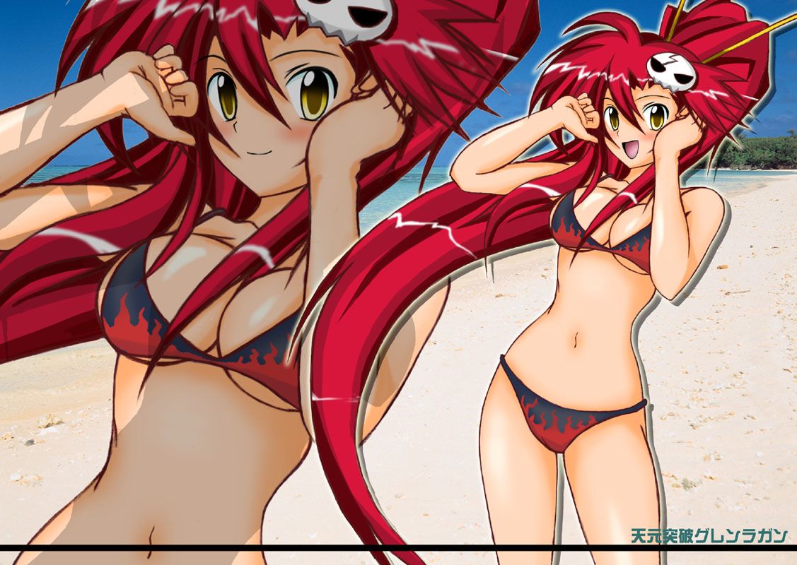 yoko littner, tengen toppa gurren lagann, 00s, beach, bikini, blush, breasts, cleavage, long hair, navel, open mouth, panties, red hair, smile, swimsuit, underwear, very long hair, water, yellow eyes